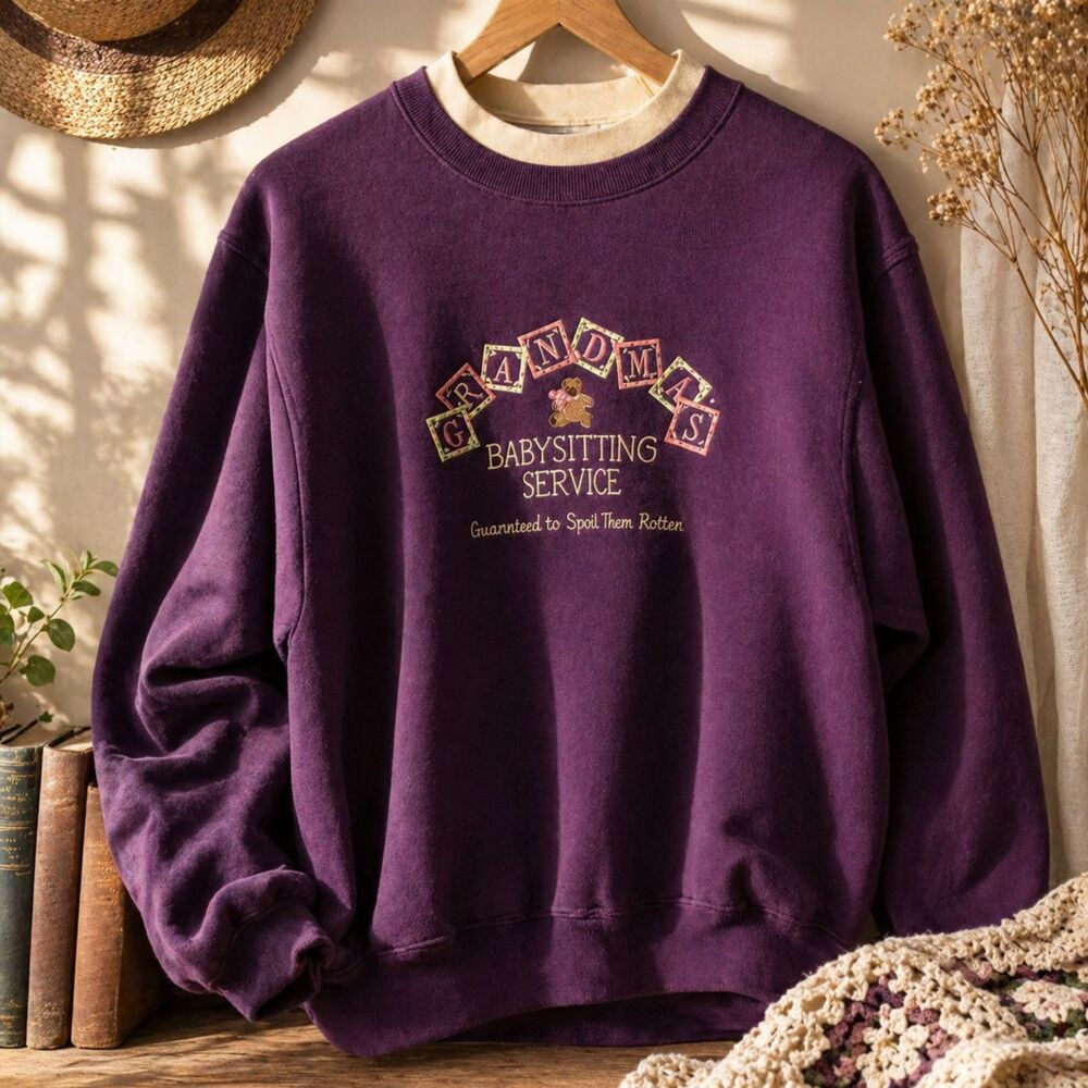90s grandmacore plum graphic sweatshirt cozy kitschy vintage crewneck